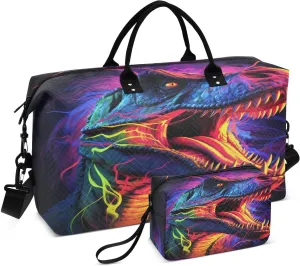 ALAZA Neon Dinosaur Travel Duffel Bag Gym Bag Sports Tote Bag Weekender Overnight Travel Bag for Women Men Business Trip Workout