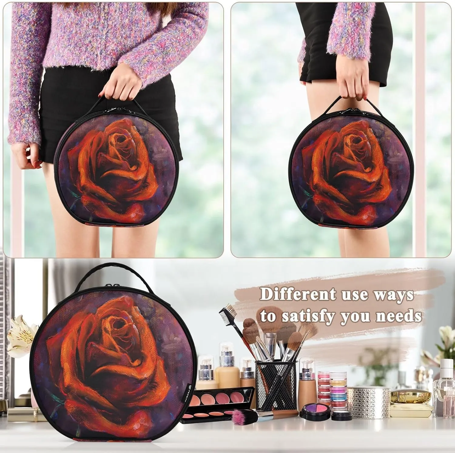 ALAZA Red Rose Travel Makeup Train Case Makeup Cosmetic Case with Adjustable Dividers