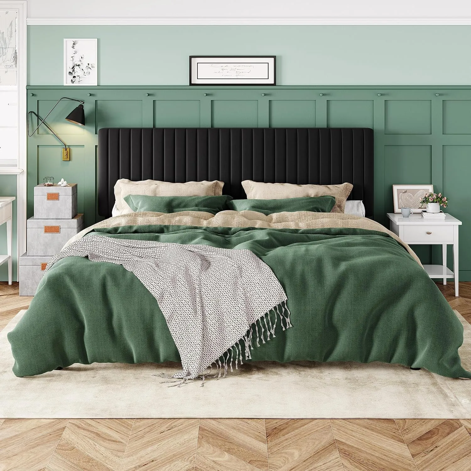 Allewie King Platform Bed Frame, Velvet Upholstered with Adjustable Vertical Channel Tufted Headboard, Mattress Foundation with Strong Wooden Slats, Box Spring Optional, Easy Assembly, Black