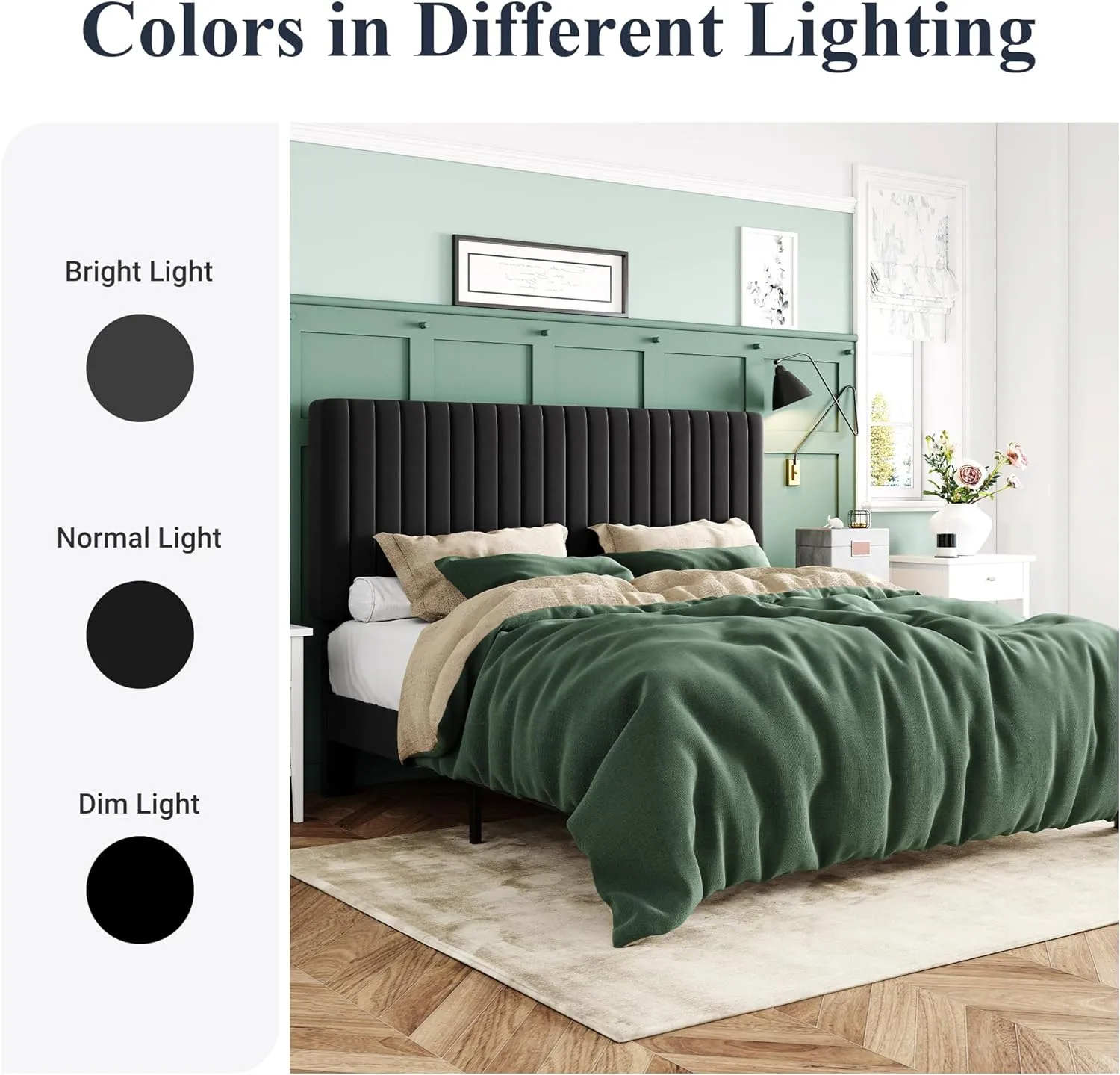 Allewie King Platform Bed Frame, Velvet Upholstered with Adjustable Vertical Channel Tufted Headboard, Mattress Foundation with Strong Wooden Slats, Box Spring Optional, Easy Assembly, Black
