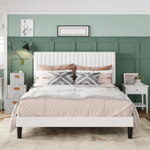 Allewie Queen Bed Frame, Velvet Upholstered Platform Bed with Adjustable Vertical Channel Tufted Headboard, Mattress Foundation with Strong Wooden Slats, Box Spring Optional, Easy Assembly, White