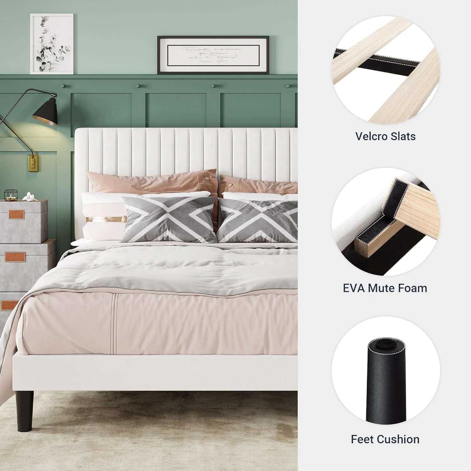 Allewie Queen Bed Frame, Velvet Upholstered Platform Bed with Adjustable Vertical Channel Tufted Headboard, Mattress Foundation with Strong Wooden Slats, Box Spring Optional, Easy Assembly, White