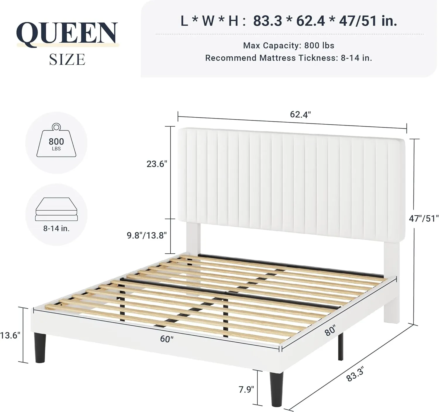 Allewie Queen Bed Frame, Velvet Upholstered Platform Bed with Adjustable Vertical Channel Tufted Headboard, Mattress Foundation with Strong Wooden Slats, Box Spring Optional, Easy Assembly, White