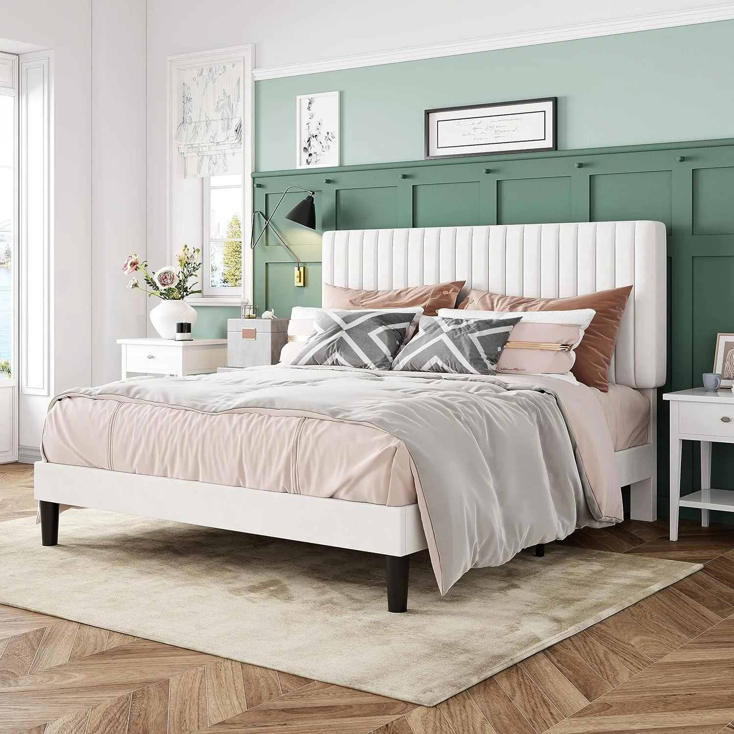 Allewie Queen Bed Frame, Velvet Upholstered Platform Bed with Adjustable Vertical Channel Tufted Headboard, Mattress Foundation with Strong Wooden Slats, Box Spring Optional, Easy Assembly, White