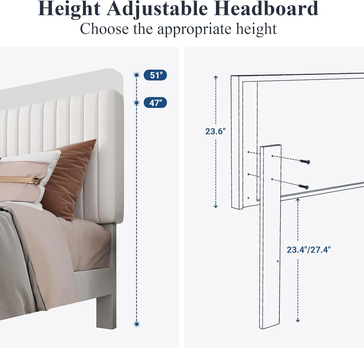 Allewie Queen Bed Frame, Velvet Upholstered Platform Bed with Adjustable Vertical Channel Tufted Headboard, Mattress Foundation with Strong Wooden Slats, Box Spring Optional, Easy Assembly, White