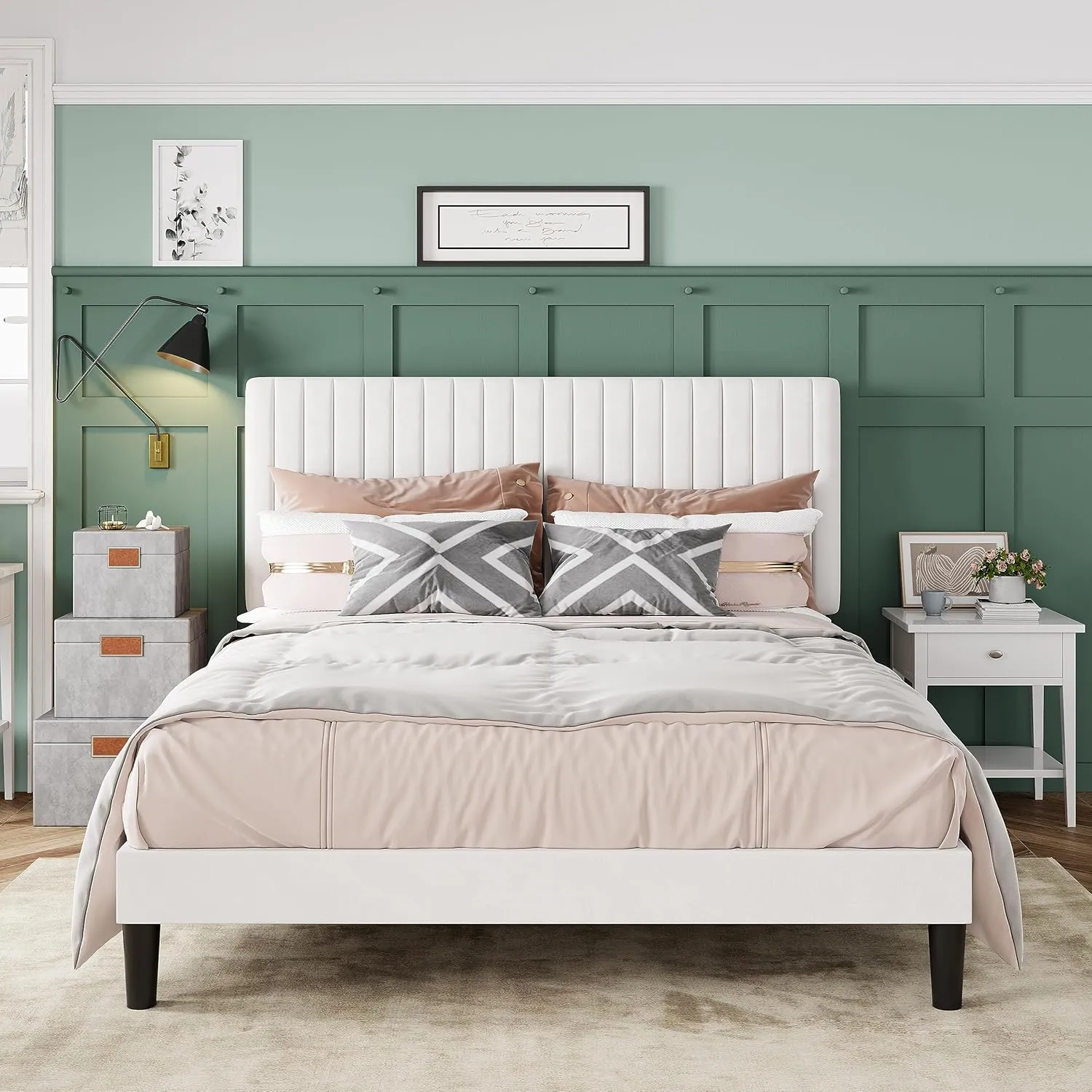 Allewie Queen Bed Frame, Velvet Upholstered Platform Bed with Adjustable Vertical Channel Tufted Headboard, Mattress Foundation with Strong Wooden Slats, Box Spring Optional, Easy Assembly, White