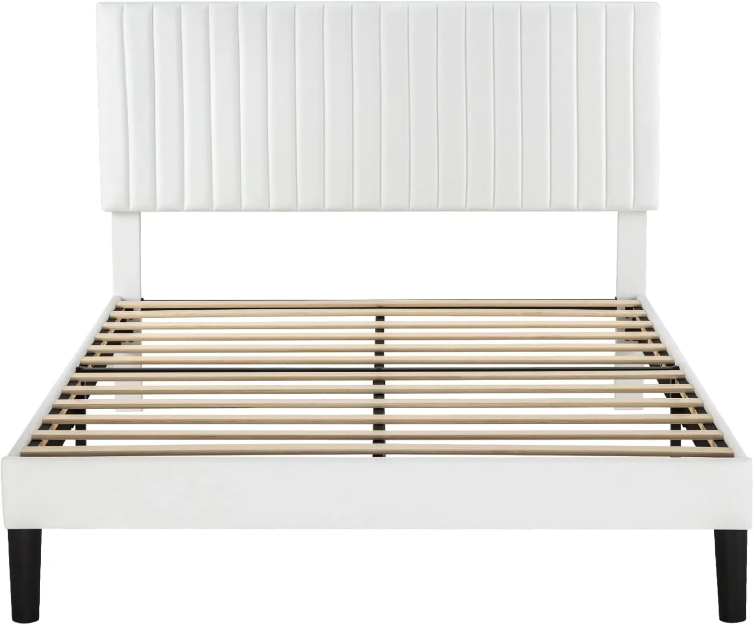 Allewie Queen Bed Frame, Velvet Upholstered Platform Bed with Adjustable Vertical Channel Tufted Headboard, Mattress Foundation with Strong Wooden Slats, Box Spring Optional, Easy Assembly, White