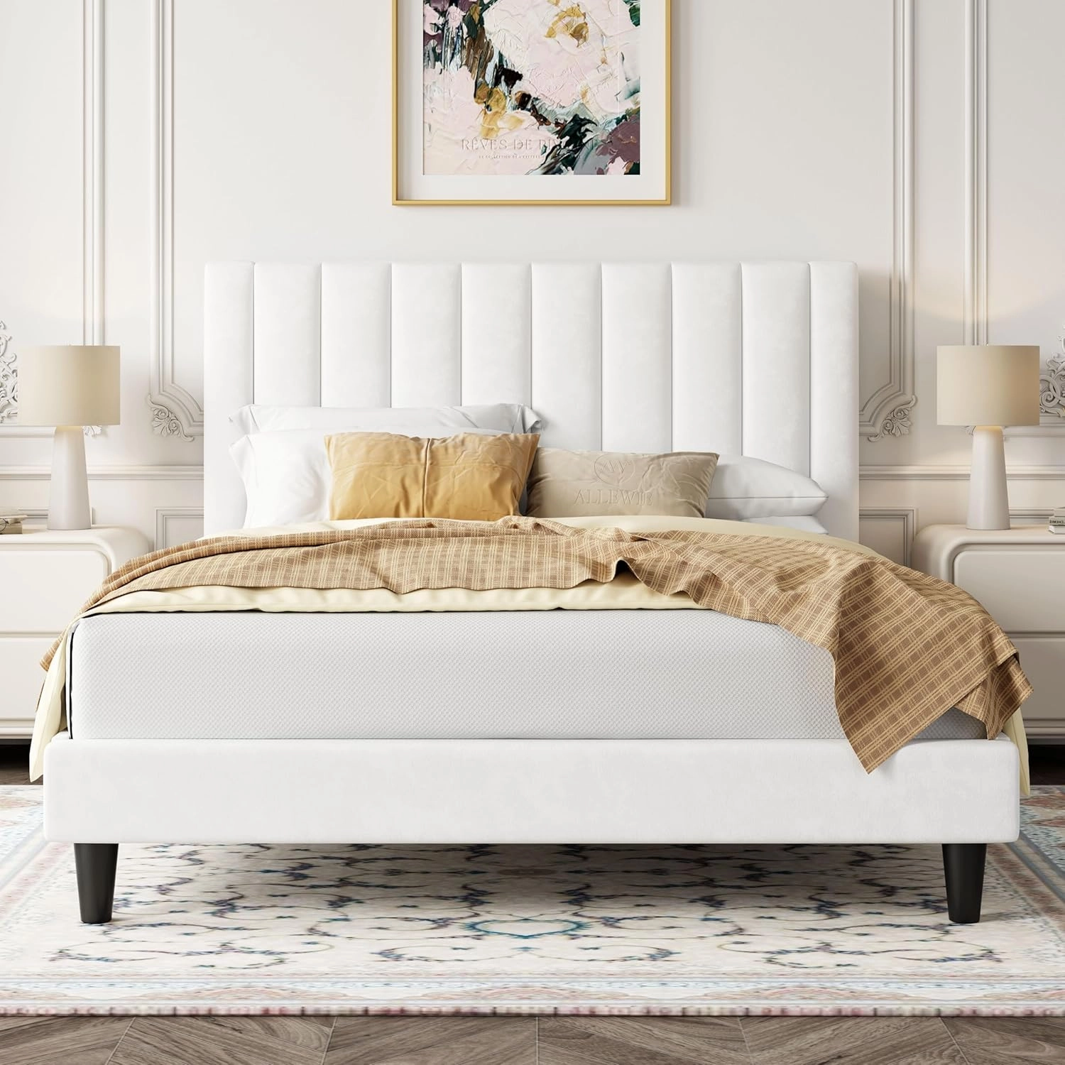 Allewie Full Platform Bed Frame/Velvet Upholstered Bed Frame with Vertical Channel Tufted Headboard/Strong Wooden Slats/Mattress Foundation/Box Spring Optional/Easy Assembly/White