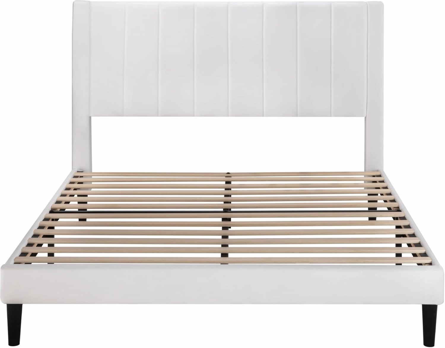 Allewie Full Platform Bed Frame/Velvet Upholstered Bed Frame with Vertical Channel Tufted Headboard/Strong Wooden Slats/Mattress Foundation/Box Spring Optional/Easy Assembly/White