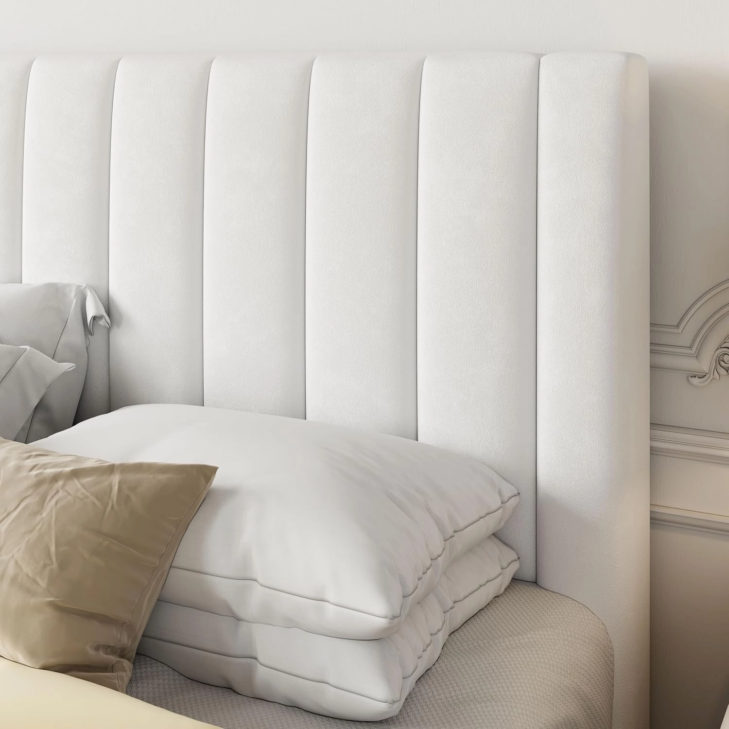 Allewie Full Platform Bed Frame/Velvet Upholstered Bed Frame with Vertical Channel Tufted Headboard/Strong Wooden Slats/Mattress Foundation/Box Spring Optional/Easy Assembly/White
