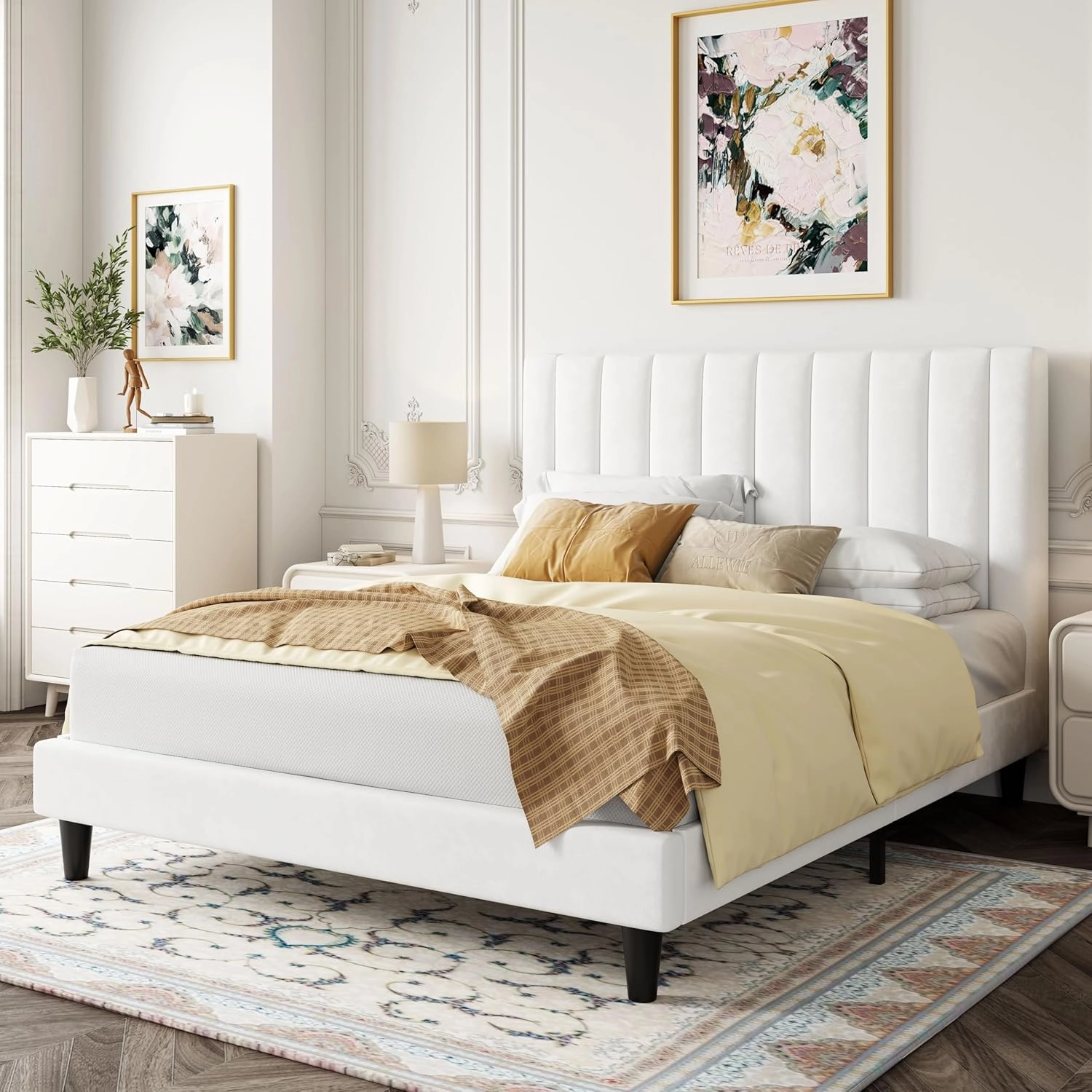 Allewie Full Platform Bed Frame/Velvet Upholstered Bed Frame with Vertical Channel Tufted Headboard/Strong Wooden Slats/Mattress Foundation/Box Spring Optional/Easy Assembly/White