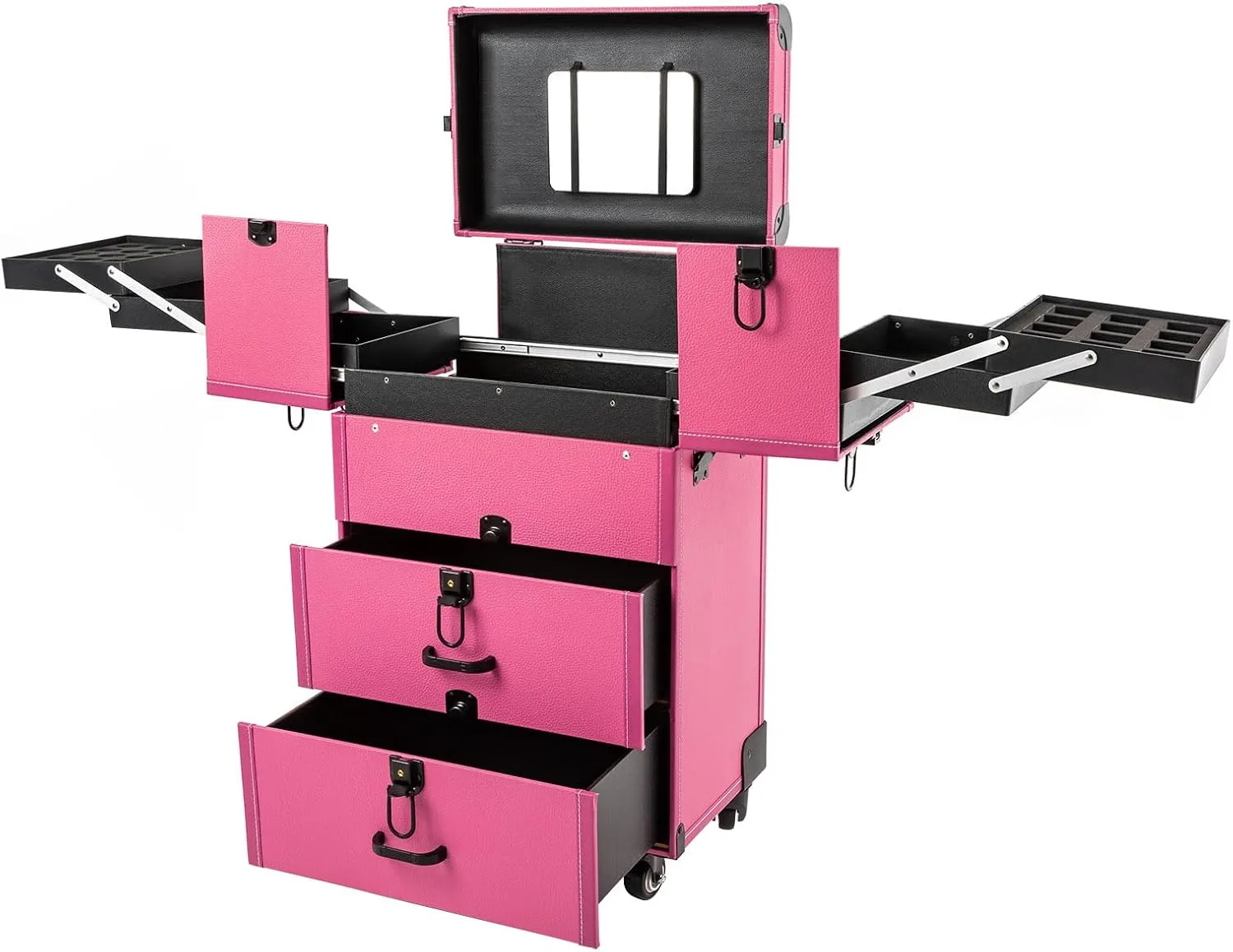 ﻿Aluminum Rolling Makeup Train Case, 4 in 1 Large Capacity Trolley Makeup Travel Case with Key Swivel Wheels Salon Barber Case Traveling Cart Trunk - Black (Pink)