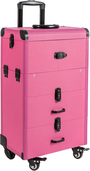 ﻿Aluminum Rolling Makeup Train Case, 4 in 1 Large Capacity Trolley Makeup Travel Case with Key Swivel Wheels Salon Barber Case Traveling Cart Trunk - Black (Pink)