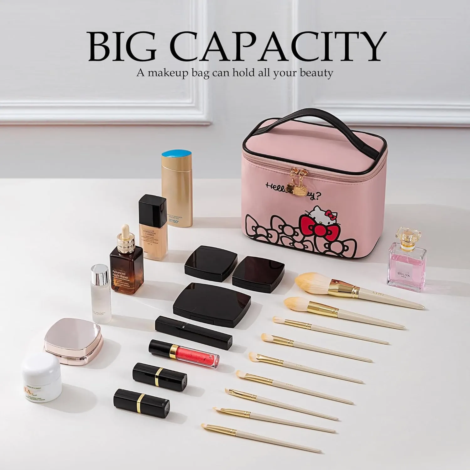 AmBealla Travel Makeup Bag Large Cosmetic Bags with Brush Holder, Pink Waterproof 2PCS Portable Cosmetic Case for Women, Toiletry Storage Bag for Skincare & Beauty Tools for Girls
