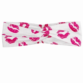 Ambesonne Kiss Headband Set of 2, Vibrant Colored Lipstick Kiss Print Smooch Abstract Hot Pink Grungy Look Feminine, Knotted Elastic Hair Band Accessory for Women Everyday Use, M-L, Fuchsia White