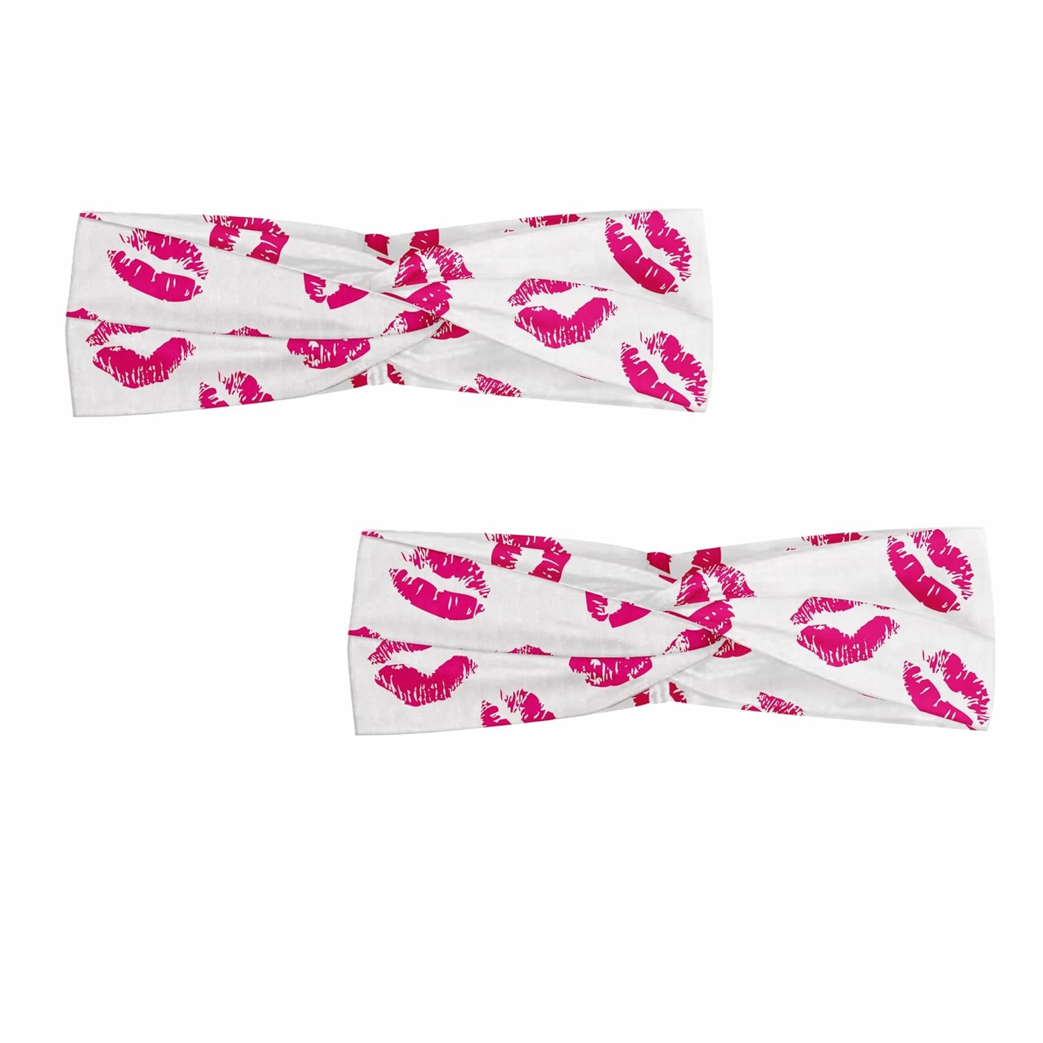Ambesonne Kiss Headband Set of 2, Vibrant Colored Lipstick Kiss Print Smooch Abstract Hot Pink Grungy Look Feminine, Knotted Elastic Hair Band Accessory for Women Everyday Use, M-L, Fuchsia White