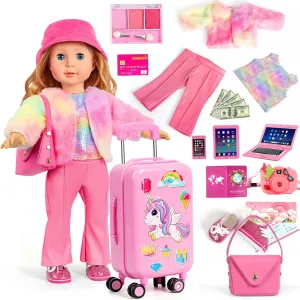 American 18 inch Doll Clothes and Accessories - Doll Travel Suitcase Luggage, Doll-Clothes and Shoes, Bag, Sunglasses, Camera, Passport, Notebook, Phone, pad Travel Gear Play Set Fit 18 inch Doll