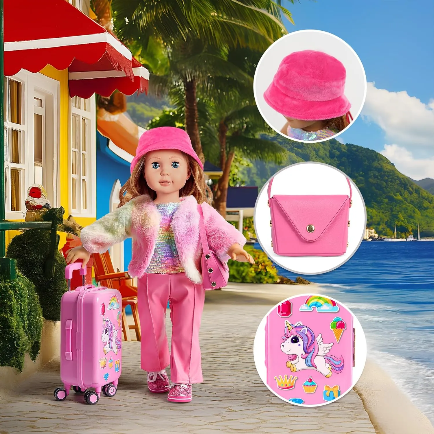 American 18 inch Doll Clothes and Accessories - Doll Travel Suitcase Luggage, Doll-Clothes and Shoes, Bag, Sunglasses, Camera, Passport, Notebook, Phone, pad Travel Gear Play Set Fit 18 inch Doll
