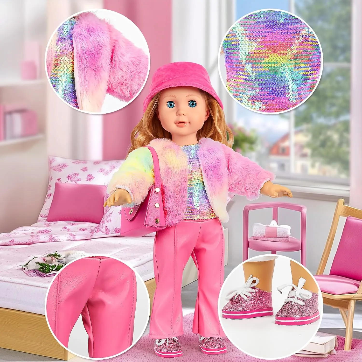 American 18 inch Doll Clothes and Accessories - Doll Travel Suitcase Luggage, Doll-Clothes and Shoes, Bag, Sunglasses, Camera, Passport, Notebook, Phone, pad Travel Gear Play Set Fit 18 inch Doll