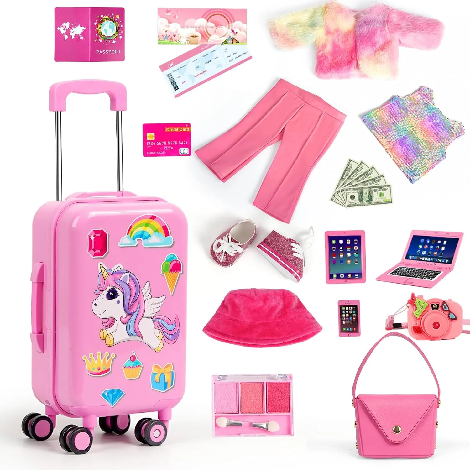 American 18 inch Doll Clothes and Accessories - Doll Travel Suitcase Luggage, Doll-Clothes and Shoes, Bag, Sunglasses, Camera, Passport, Notebook, Phone, pad Travel Gear Play Set Fit 18 inch Doll
