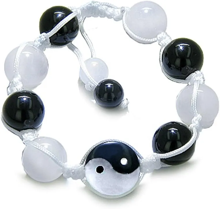 Amulet Yin Yang Balance Powers White Quartz Black Agate Gemstones Positive Bracelet