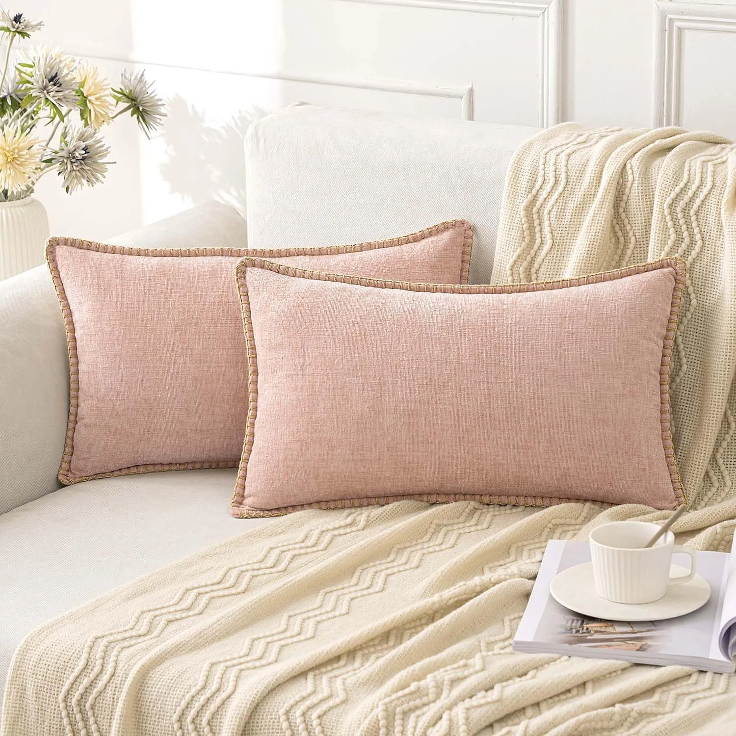 ANRODUO Pack of 2 Blush Pink Chenille Throw Pillow Covers 12x20 Inch Farmhouse Decorative Pillow Covers with Stitched Edge Soft Throw Pillows for Couch Sofa Bed and Living Room Spring Boho Home Decor