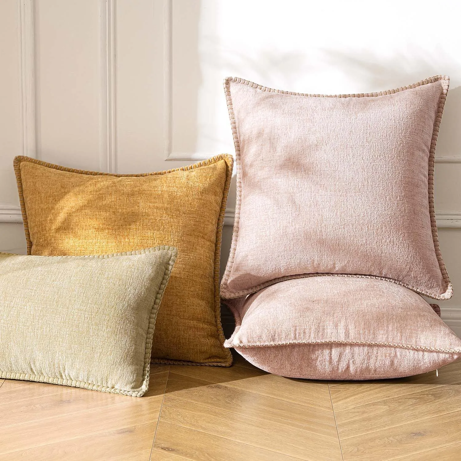 ANRODUO Pack of 2 Blush Pink Chenille Throw Pillow Covers 12x20 Inch Farmhouse Decorative Pillow Covers with Stitched Edge Soft Throw Pillows for Couch Sofa Bed and Living Room Spring Boho Home Decor