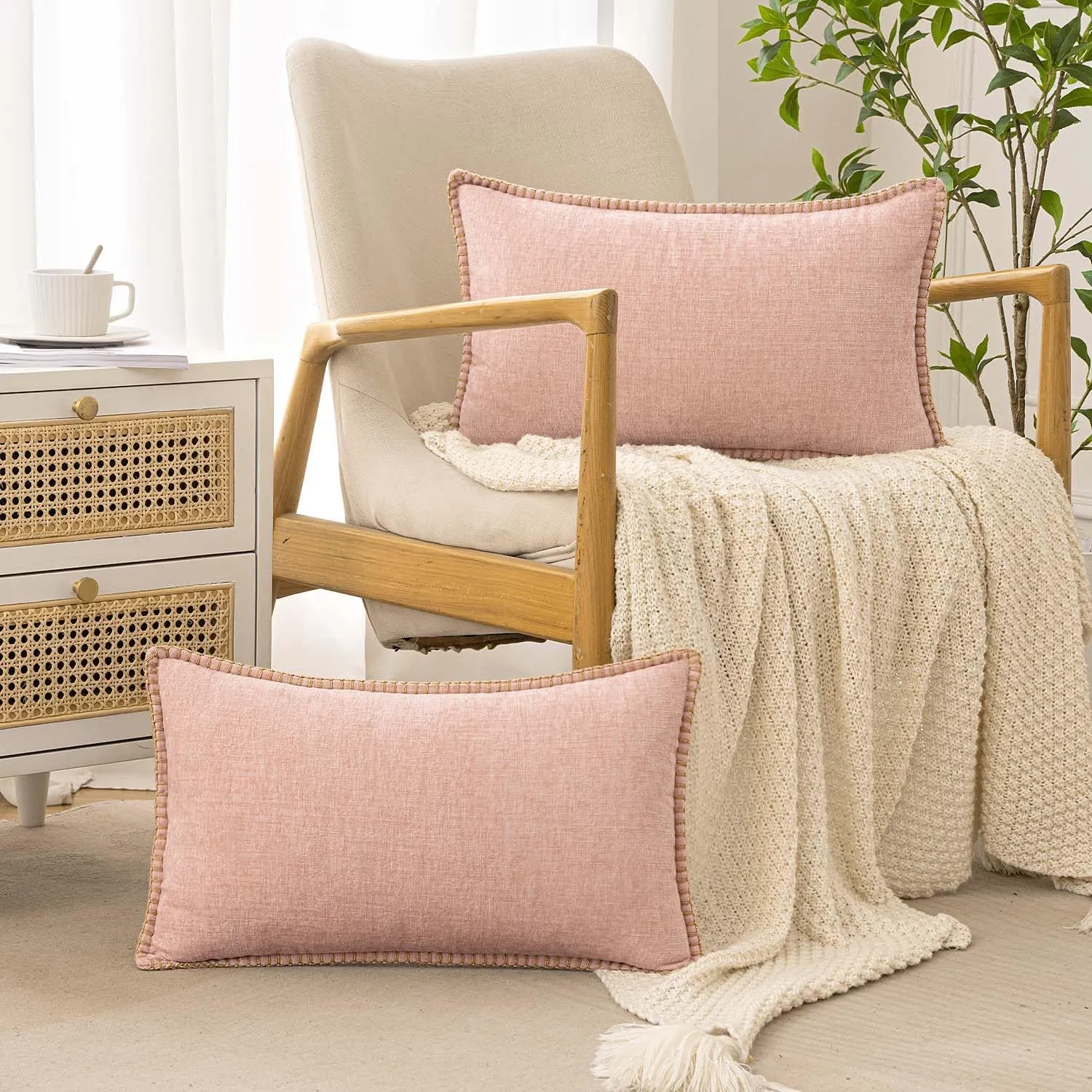 ANRODUO Pack of 2 Blush Pink Chenille Throw Pillow Covers 12x20 Inch Farmhouse Decorative Pillow Covers with Stitched Edge Soft Throw Pillows for Couch Sofa Bed and Living Room Spring Boho Home Decor