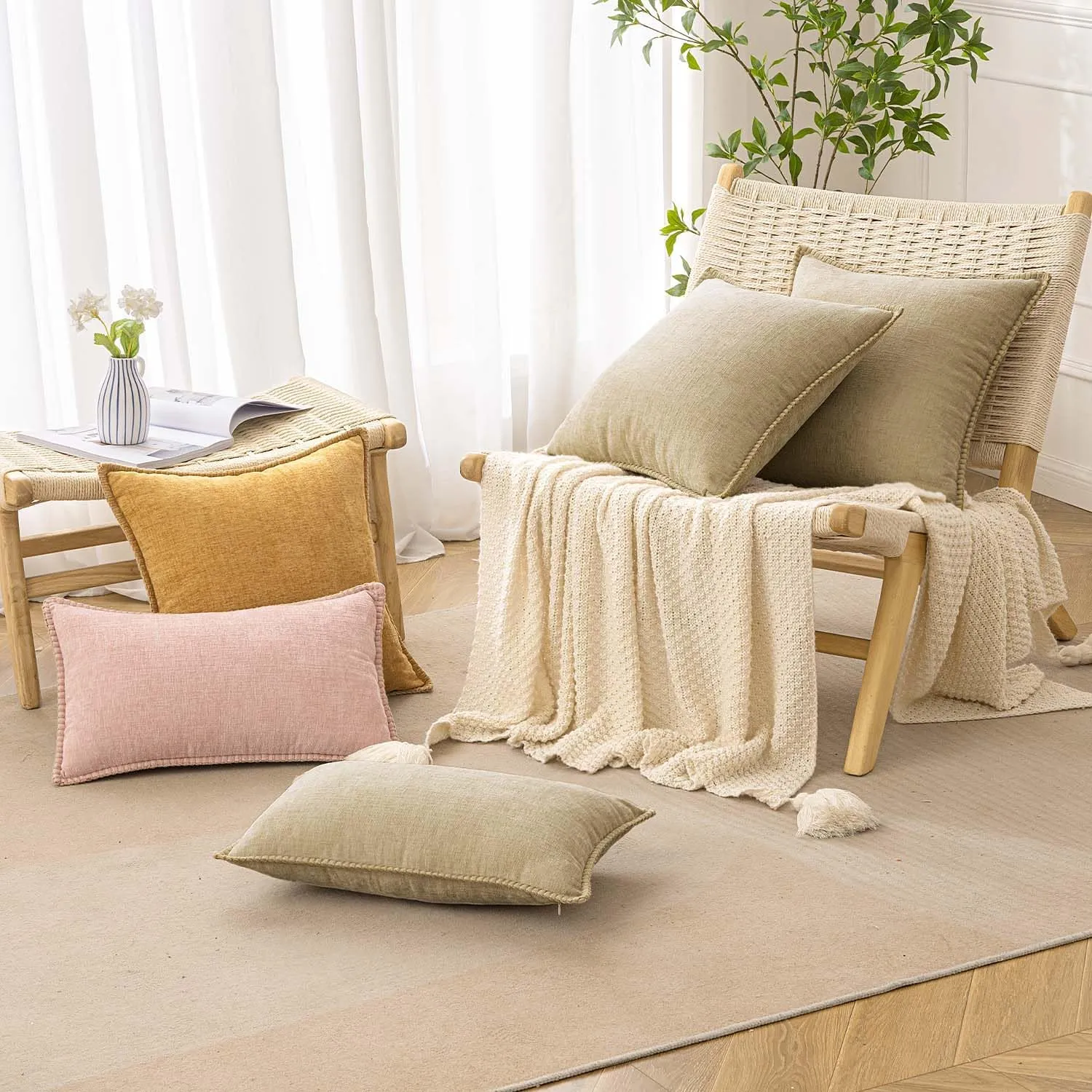ANRODUO Pack of 2 Blush Pink Chenille Throw Pillow Covers 12x20 Inch Farmhouse Decorative Pillow Covers with Stitched Edge Soft Throw Pillows for Couch Sofa Bed and Living Room Spring Boho Home Decor