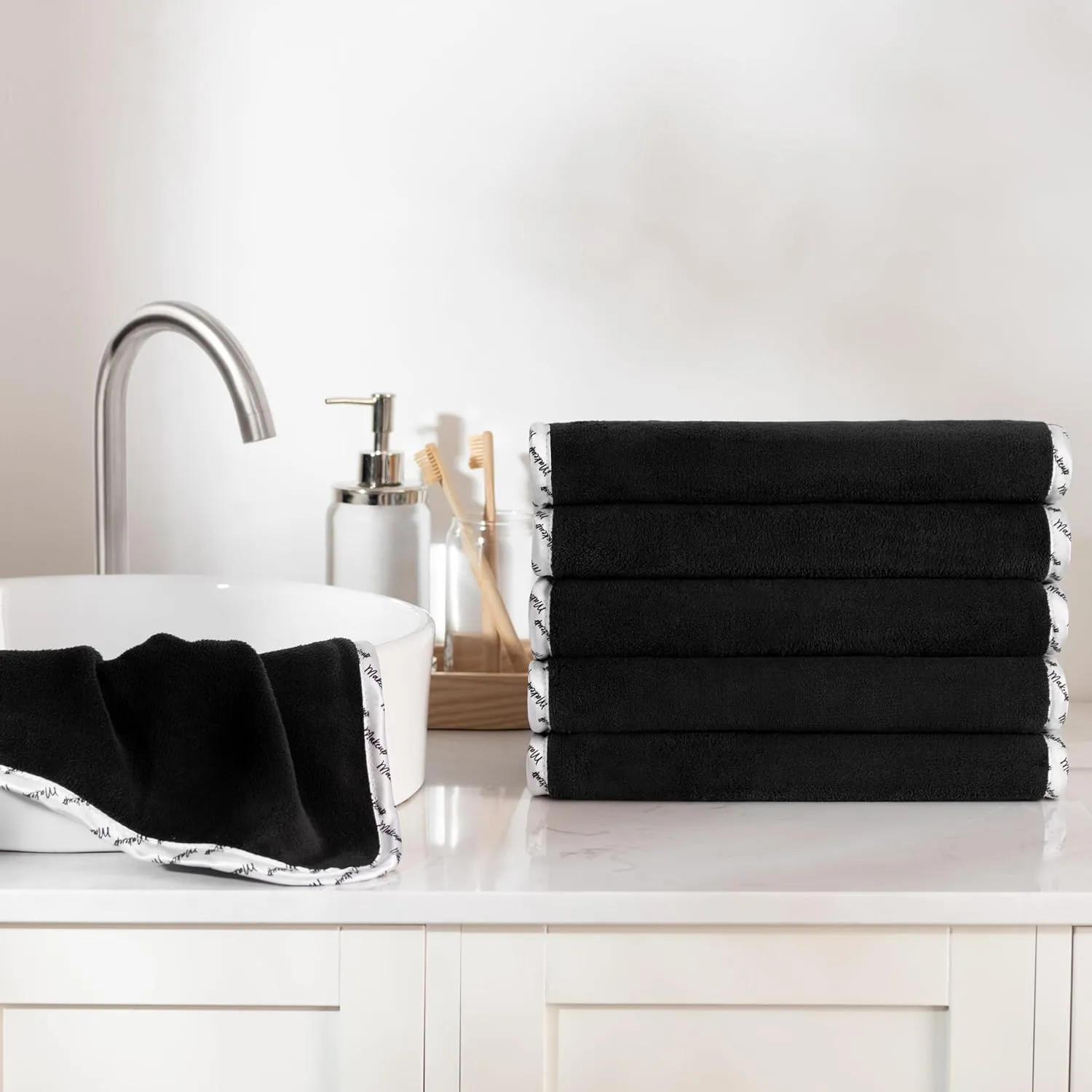 Arkwright Makeup Remover Wash Cloth - Pack of 6 - Ultra Soft & Gentle Microfiber Coral Fleece Small Fingertip Towels, Powder Room & Guest Bathroom Essentials for Hosts, 11 x 17 in, Black/White