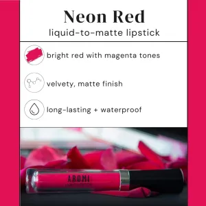 Aromi Magenta Red Matte Liquid Lipstick | Long-lasting, Bright Lip Color for Women, Vegan, Waterproof, Gluten Free (Neon Red)