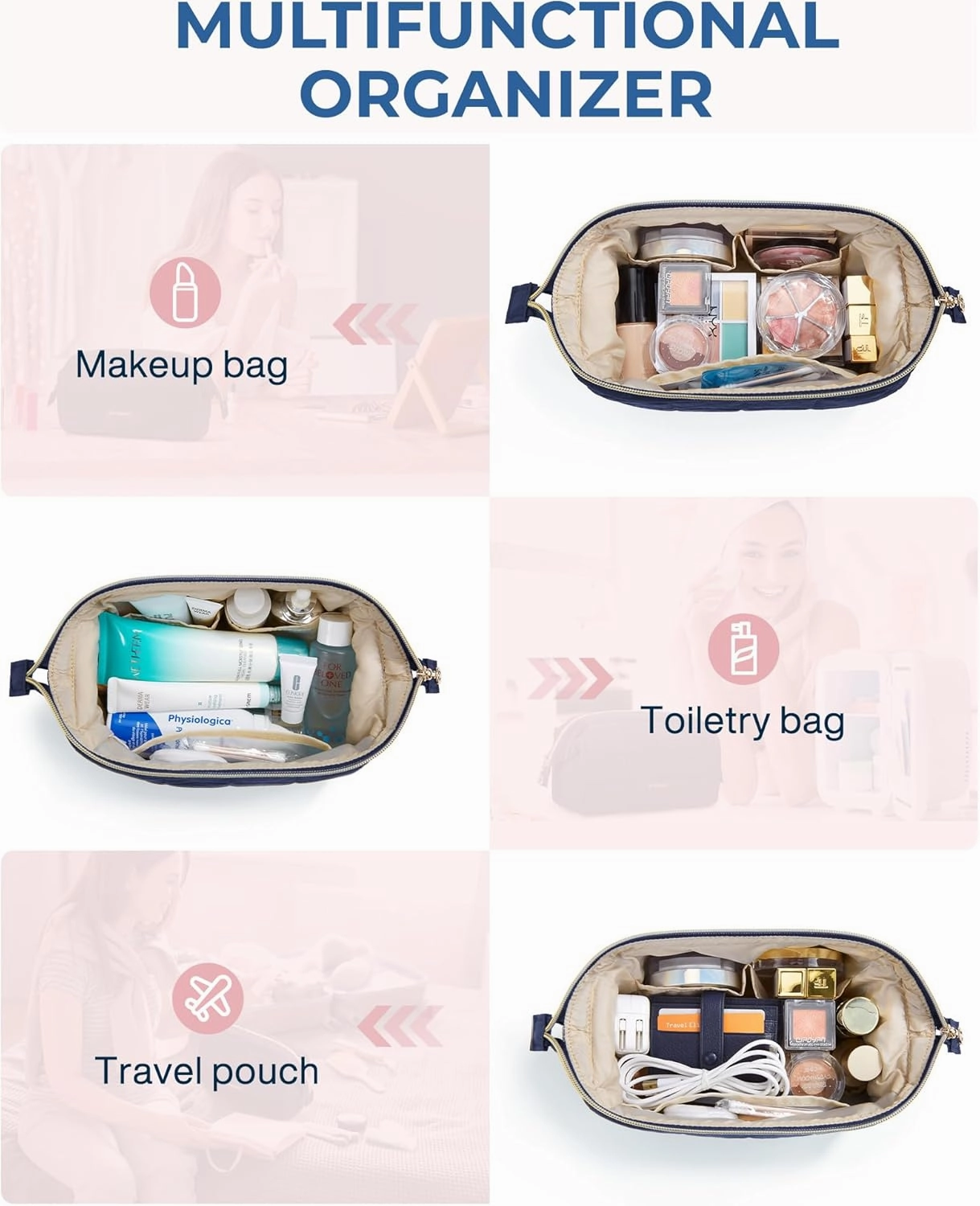 BAGSMART Makeup Bag Travel Toiletry Bag, Puffy Padded Make Up Bags for Women Makeup Organizer Case, Wide-open Pouch Purse Travel Essentials Toiletries Accessories Brushes, Navy Blue
