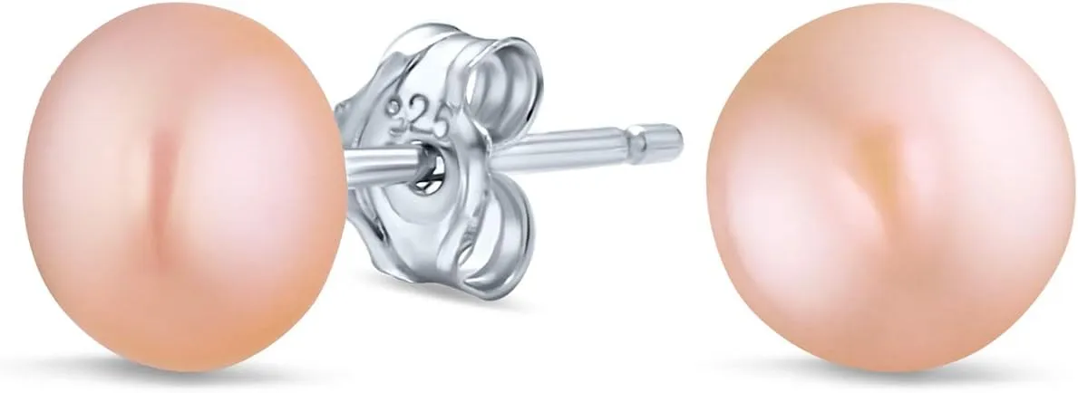 Basic Simple Bead Ball Freshwater Cultured Pearl Stud Earrings For Women For Teen .925 Sterling Silver 7MM More Colors
