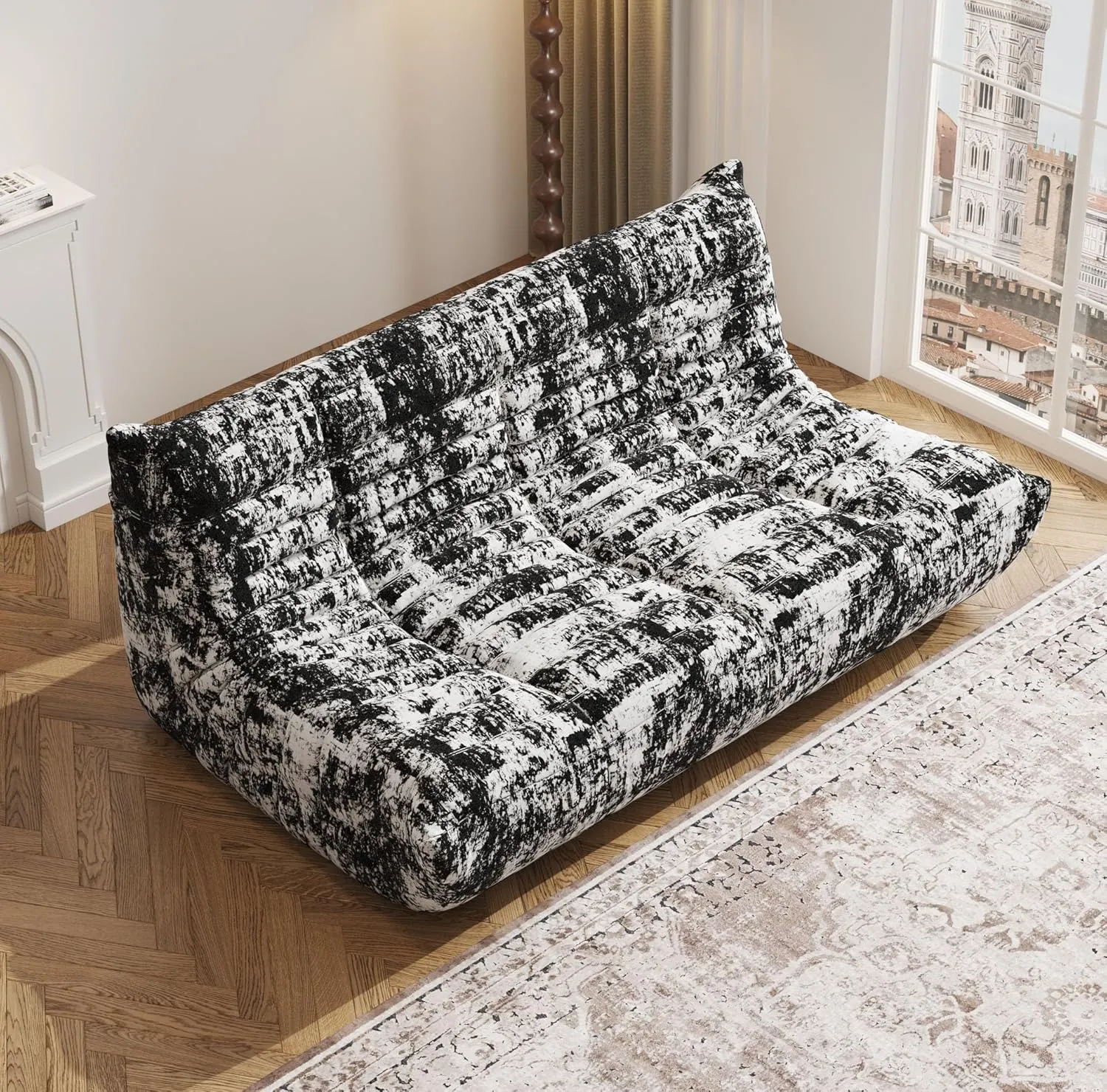 Bean Bag Chair, Fireside Chair, Large Bean Bag Chair for Adults, Bean Bag Chairs for Teens with High-Resilience Foam, Non-Slip Base Floor Lounge Sofa,Living Room (Cross White-black, 3-Seater)