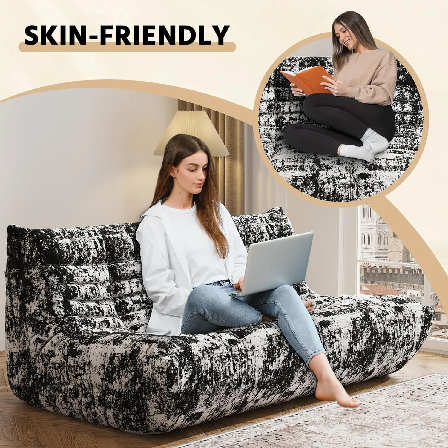 Bean Bag Chair, Fireside Chair, Large Bean Bag Chair for Adults, Bean Bag Chairs for Teens with High-Resilience Foam, Non-Slip Base Floor Lounge Sofa,Living Room (Cross White-black, 3-Seater)