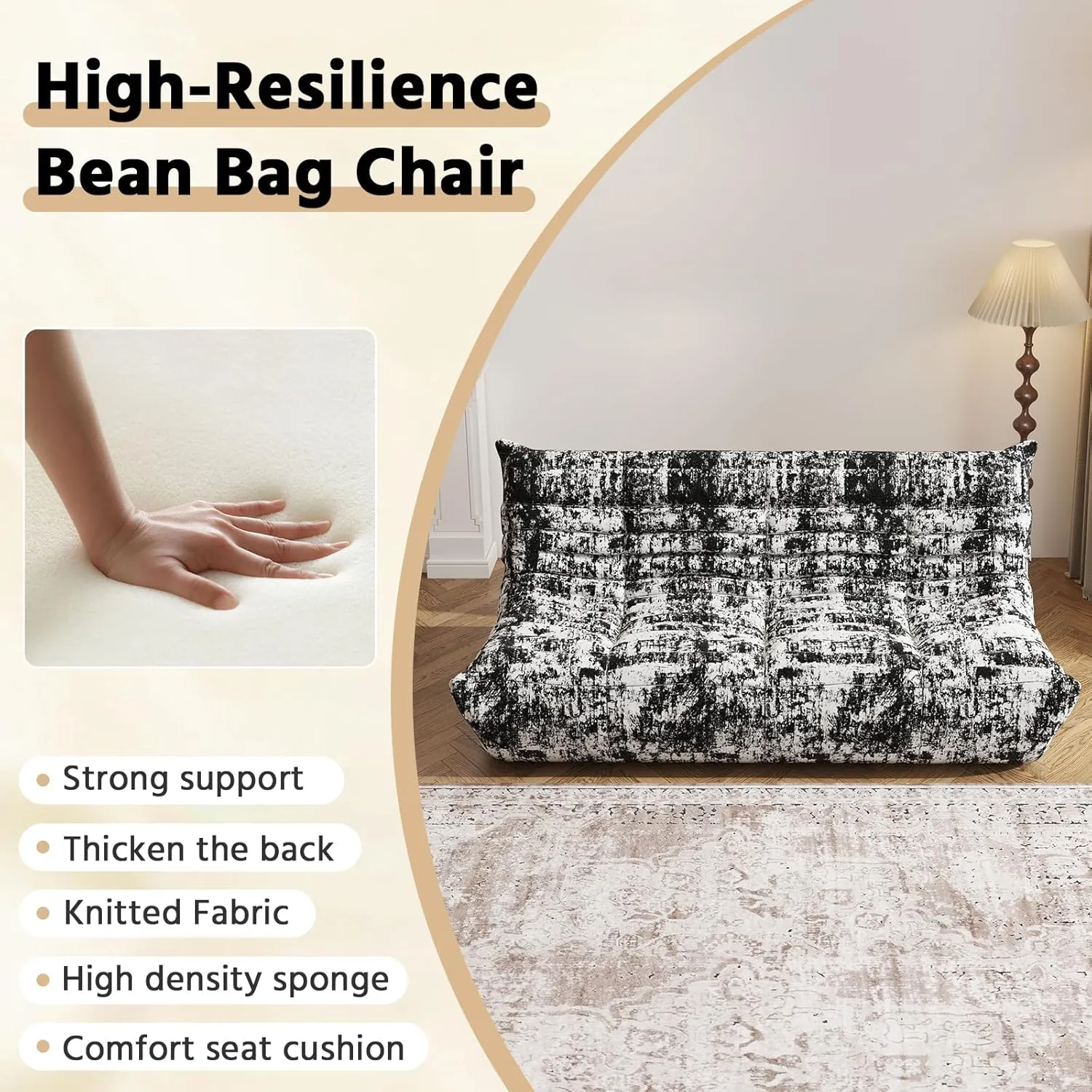 Bean Bag Chair, Fireside Chair, Large Bean Bag Chair for Adults, Bean Bag Chairs for Teens with High-Resilience Foam, Non-Slip Base Floor Lounge Sofa,Living Room (Cross White-black, 3-Seater)