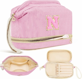 Birthday Gifts for Girls, Personalized Initial Make up Bag 18th Birthday Gifts for Girls Women, Travel Make up Bag Cosmetic Bag Preppy Stuff Bag for Her Mom Girlfriend Wife Teacher - Pink N