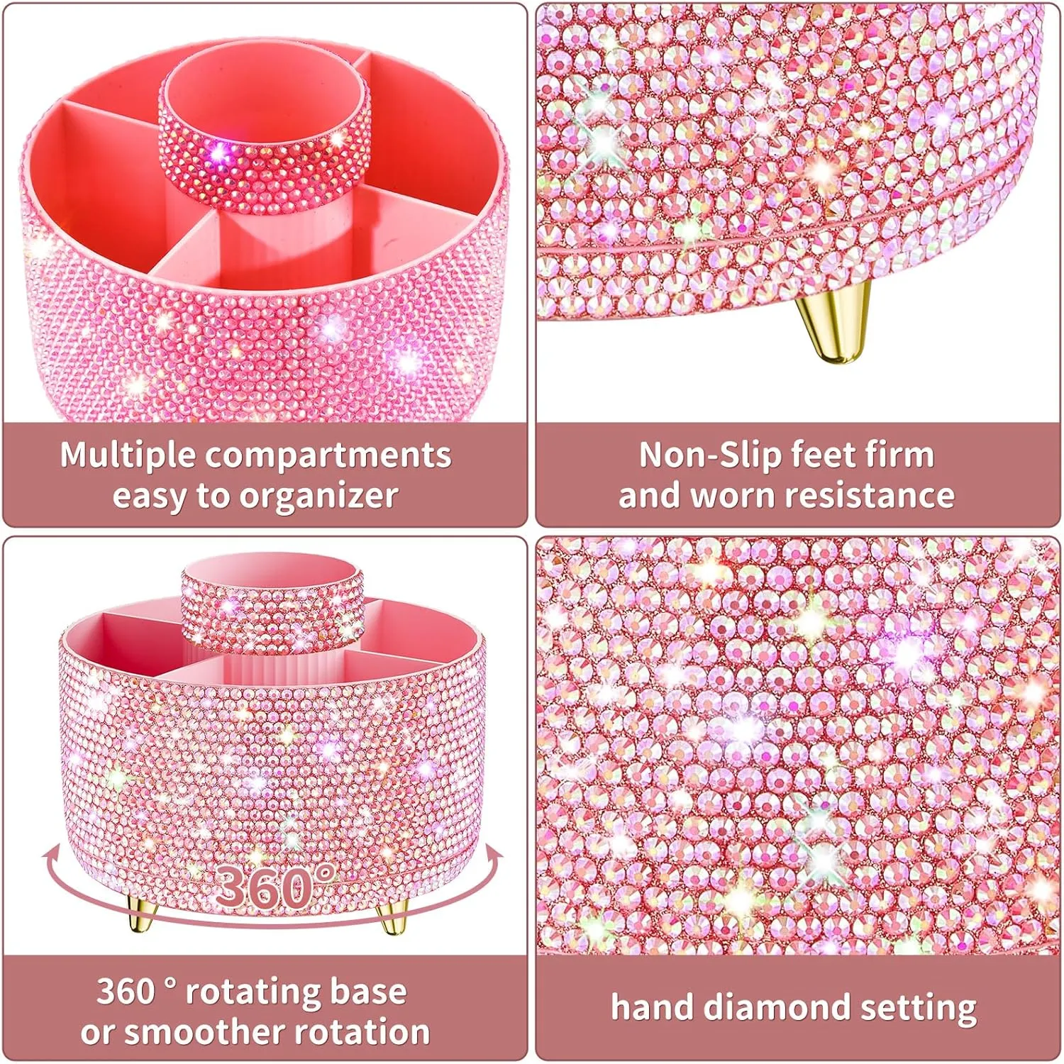 Bling 360° Rotate Makeup Brush Holder Organizer, Makeup Organizers Countertop, Makeup organization and Skincare Storage for Vanity, Gift for Women Girls (Bling dz-Pink)