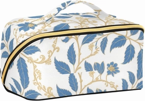 Blue and Golden Flower Leaves Cosmetics Bag with dividers stylish Large Capacity Travel Cosmetic Bag Vertical Free-Standing
