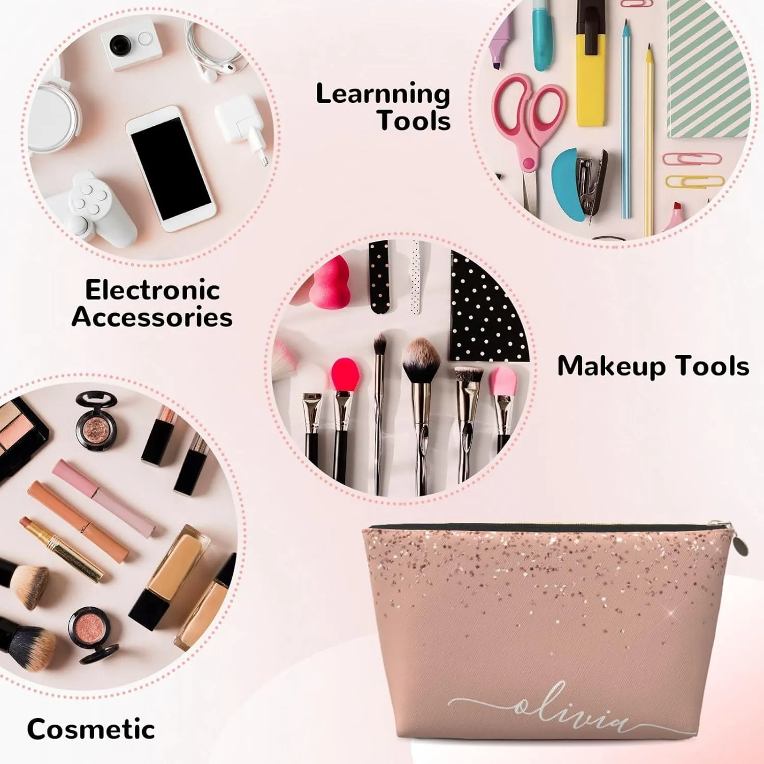 Blush Pink Rose Gold Glitter Cosmetic Bag Travel Makeup Bag Organizer Toiletry Bag with Zipper Storage Pouch Coin Purse Brushes for Women Girls Gifts