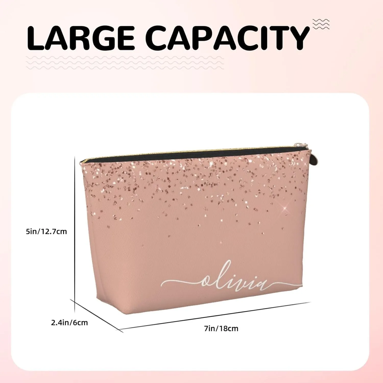 Blush Pink Rose Gold Glitter Cosmetic Bag Travel Makeup Bag Organizer Toiletry Bag with Zipper Storage Pouch Coin Purse Brushes for Women Girls Gifts