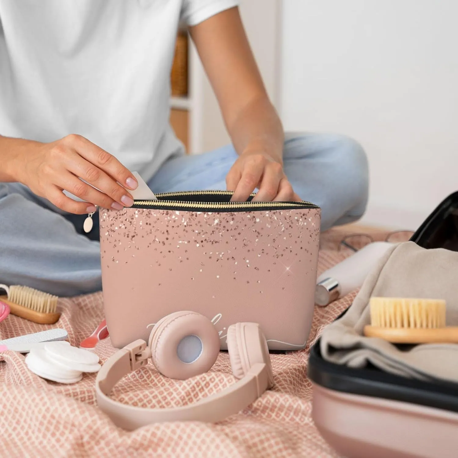 Blush Pink Rose Gold Glitter Cosmetic Bag Travel Makeup Bag Organizer Toiletry Bag with Zipper Storage Pouch Coin Purse Brushes for Women Girls Gifts