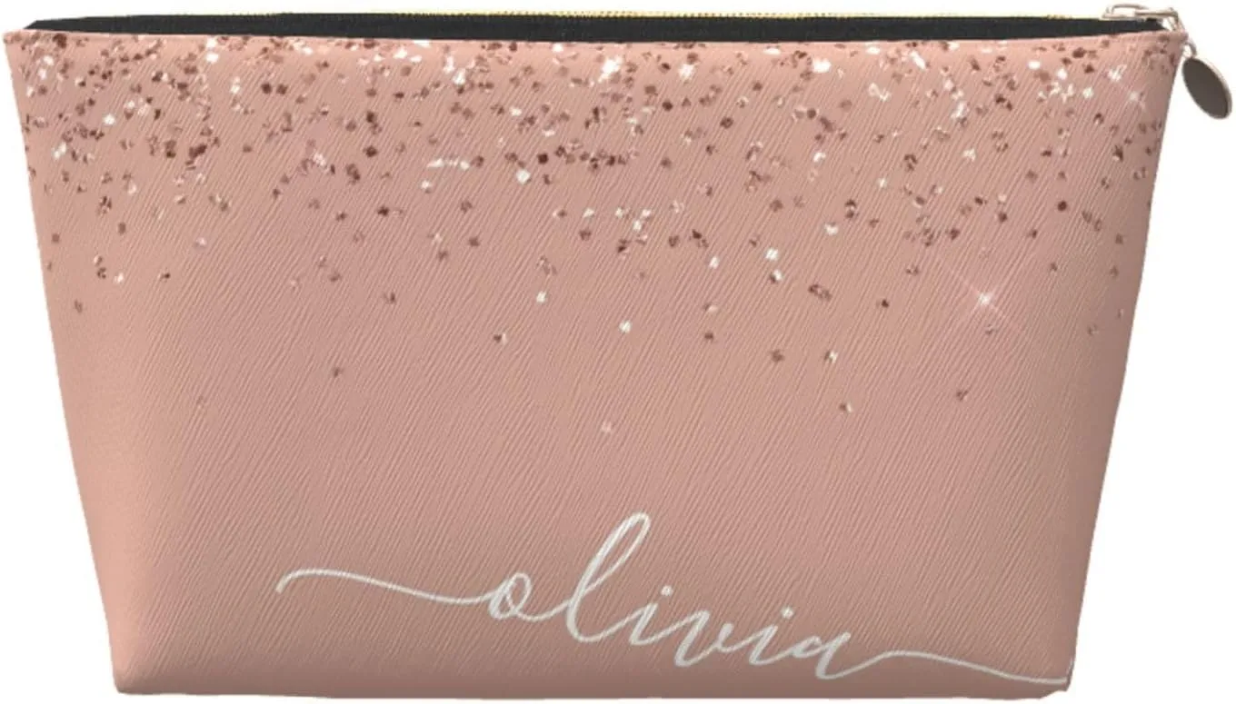 Blush Pink Rose Gold Glitter Cosmetic Bag Travel Makeup Bag Organizer Toiletry Bag with Zipper Storage Pouch Coin Purse Brushes for Women Girls Gifts