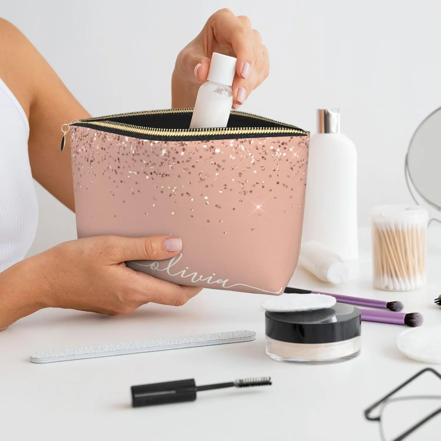 Blush Pink Rose Gold Glitter Cosmetic Bag Travel Makeup Bag Organizer Toiletry Bag with Zipper Storage Pouch Coin Purse Brushes for Women Girls Gifts
