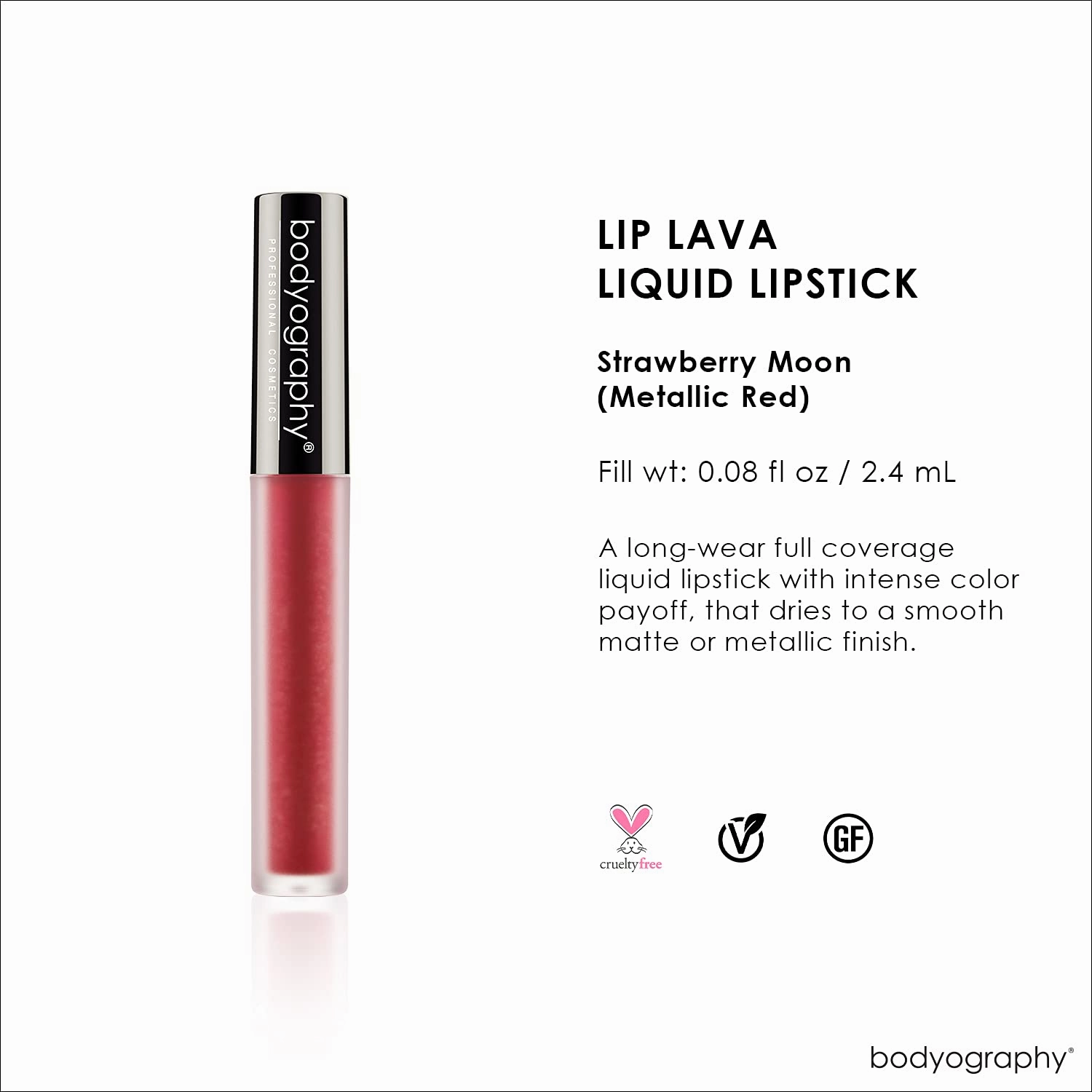 Bodyography Matte Lip Lava Liquid Lipstick (Strawberry Moon): Metallic Red Salon Makeup Long-Wearing Lipstick with Soft Opaque Finish | Vegan, Gluten-Free, Cruelty-Free, Paraben-Free