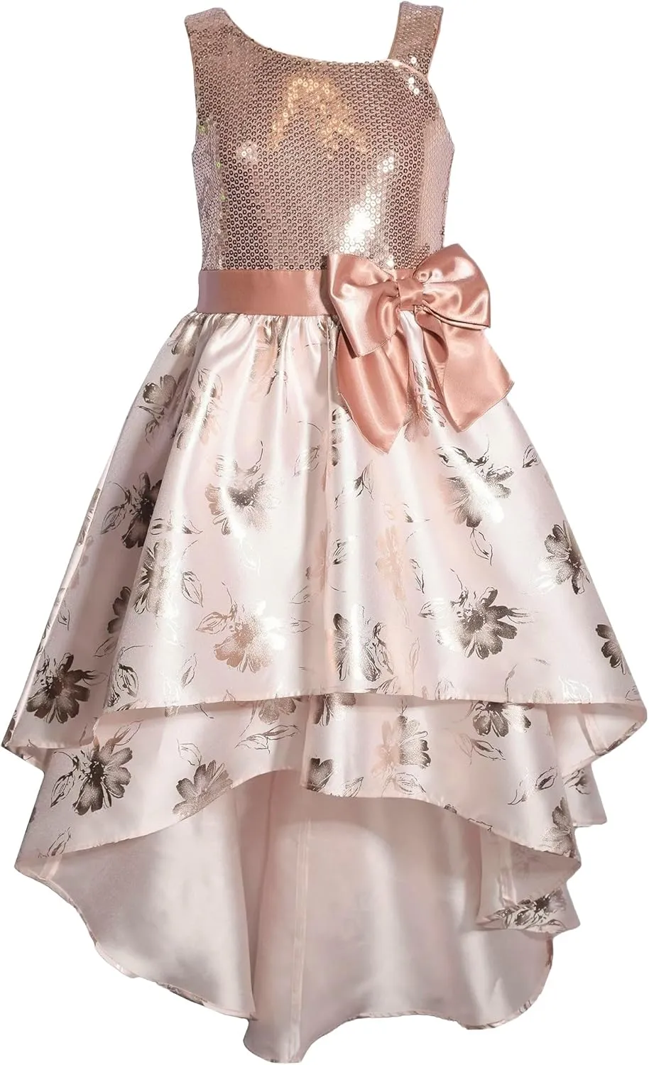 Bonnie Jean Girls 7-16 Bronze Sequins Blush Floral Mikado High-Low Dress