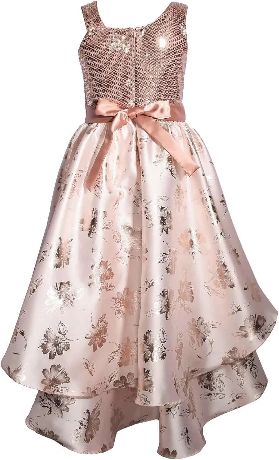 Bonnie Jean Girls 7-16 Bronze Sequins Blush Floral Mikado High-Low Dress