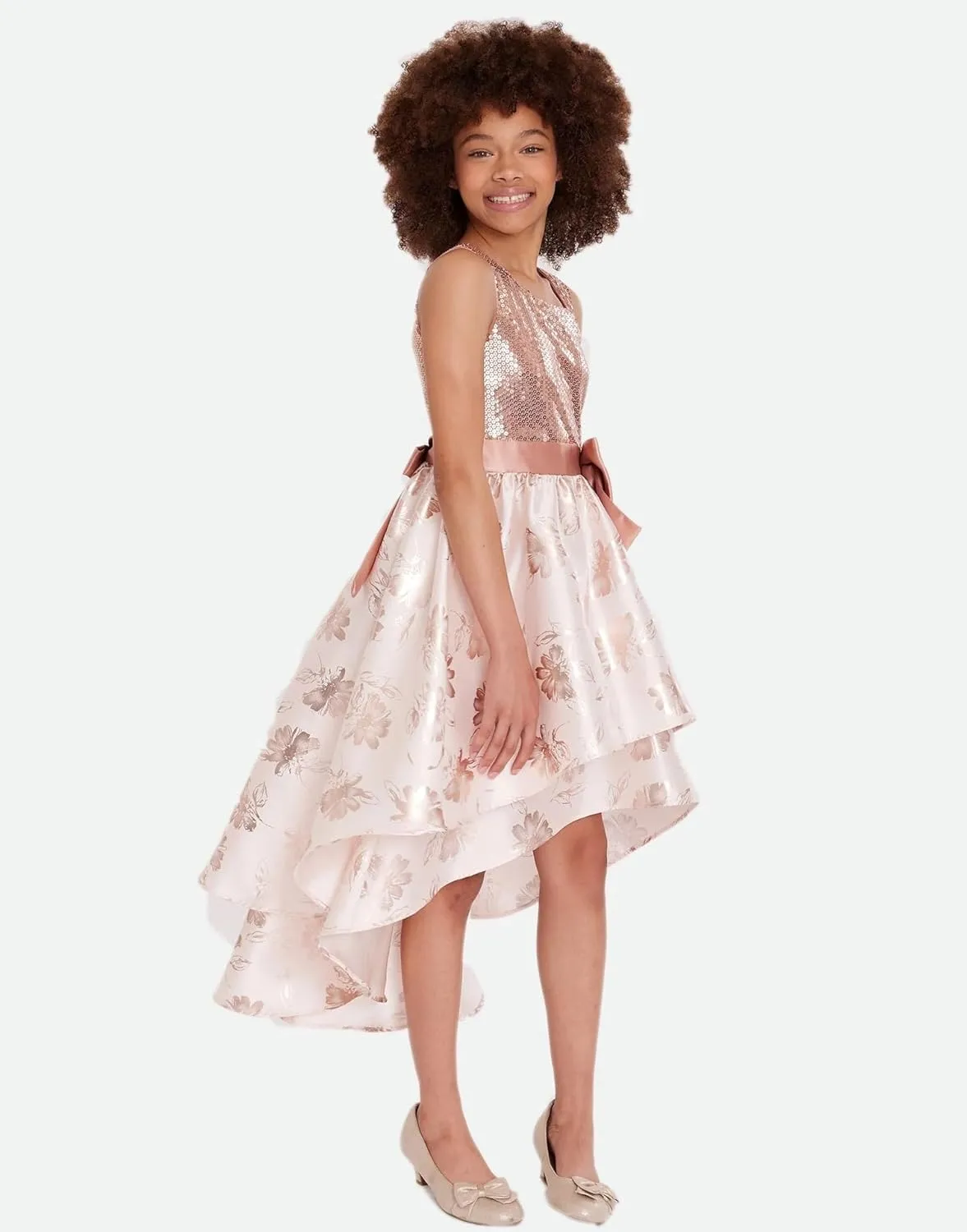 Bonnie Jean Girls 7-16 Bronze Sequins Blush Floral Mikado High-Low Dress