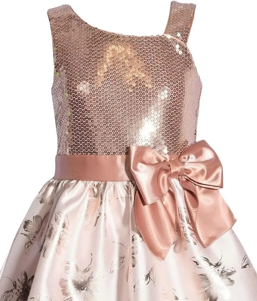 Bonnie Jean Girls 7-16 Bronze Sequins Blush Floral Mikado High-Low Dress