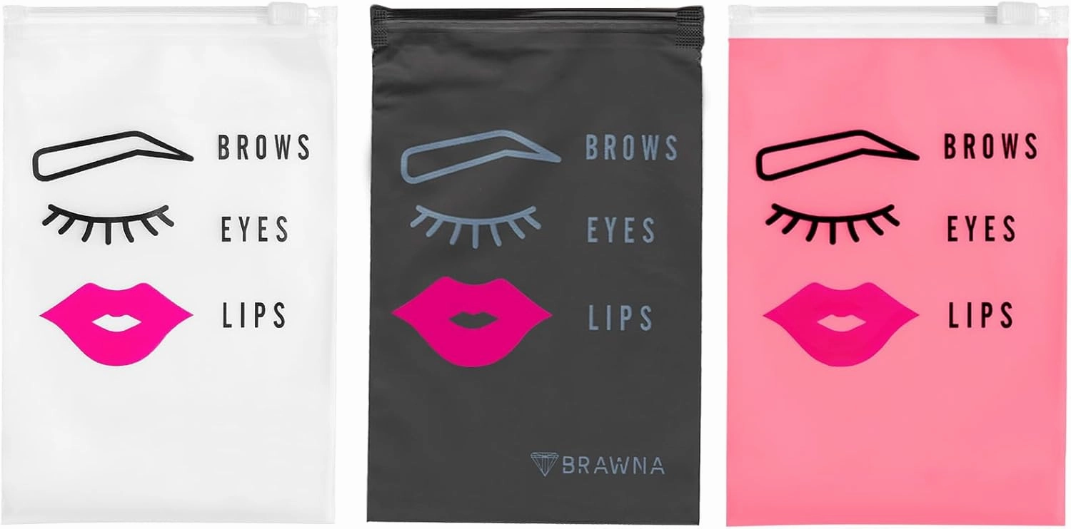 BRAWNA 60 Pack PMU Brows Eyes Lips Aftercare Bags - Eyebrow Aftercare Bags - Microblading Aftercare bags - PMU Kit - Pink, Frostd, Black